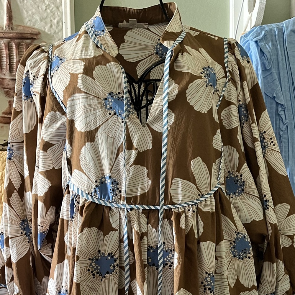 Brown Floral Babydoll Dress with Blue Accents
